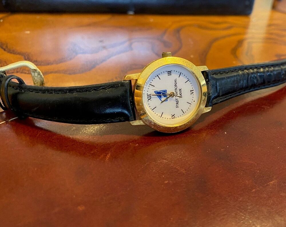Women's 28mm Gold Tone Watch, First National Bank Logo, Black Leather Band
